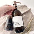 Minimalist waterproof label on amber soap bottle