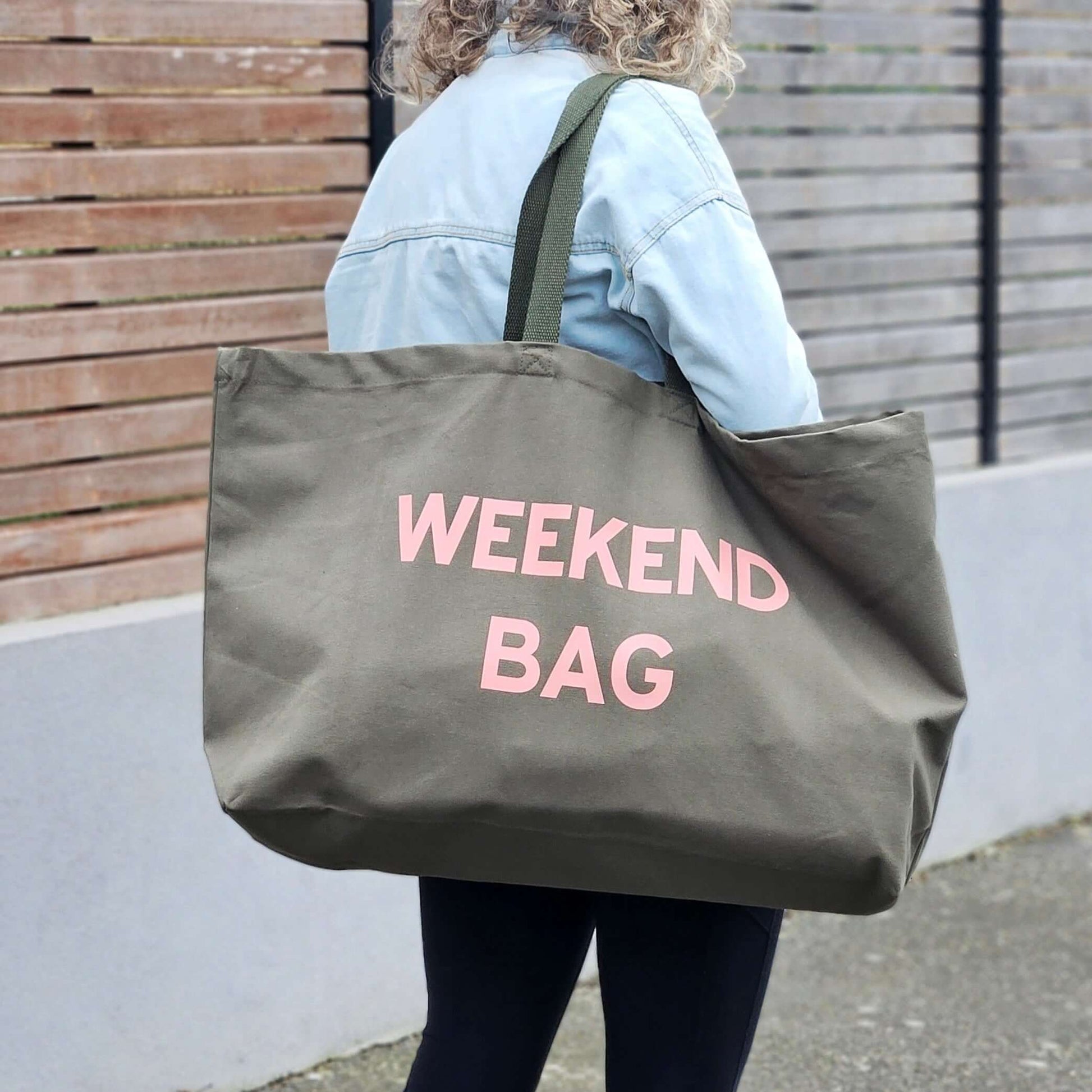 olive green tote bag with a Arizona Sand text Weekend Bag