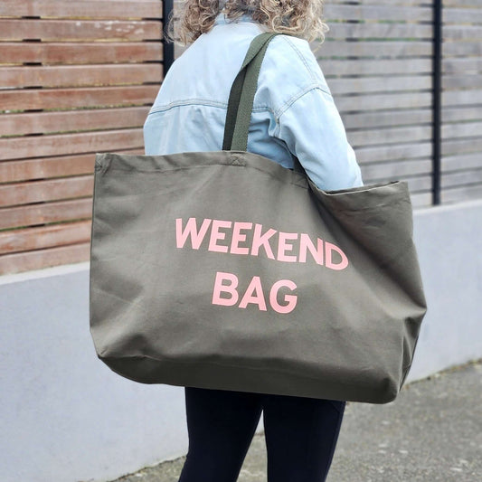 olive green tote bag with a Arizona Sand text Weekend Bag