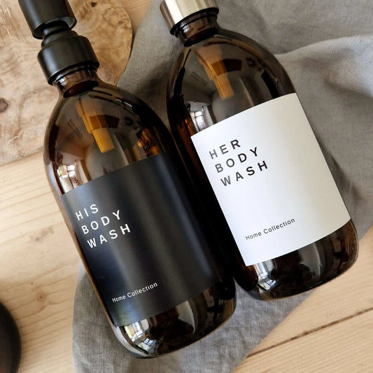 Waterproof custom label design in black and white options for his and hers body wash