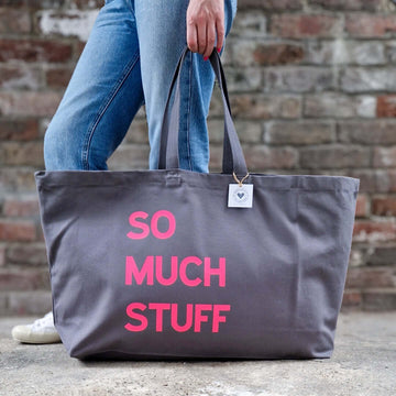Extra large Custom Text grey Tote Bag with beon pink text 'so much stuff'