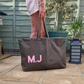 Heavy duty oversized tote bag in green with pink personalised initials
