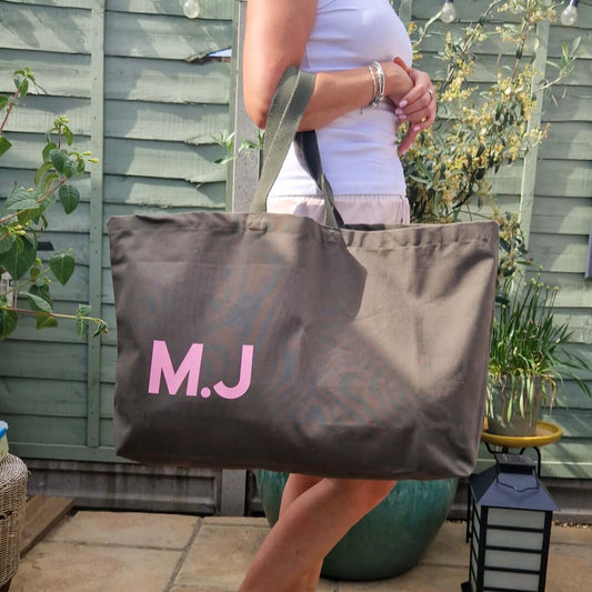 Oversized canvas tote bag with personalised initials