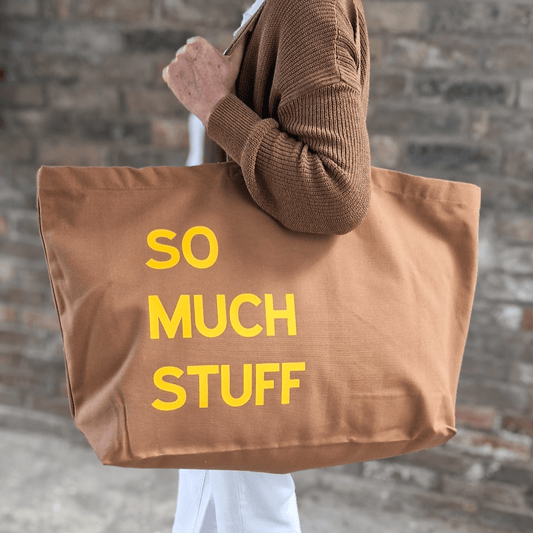 Personalised text brown Oversized tote bag woth yellow mustard text 'So much Stuff'