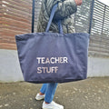 Personalised Oversized grey Tote Bag with metallic text 'teacher stuff'