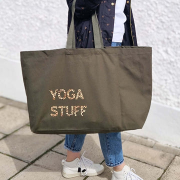 Personalised Oversized Tote Bag in olive green with a leopard text 'Yoga Stuff'