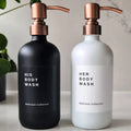 Styled bathroom scene with personalised labelled dispensers and copper metal pumps
