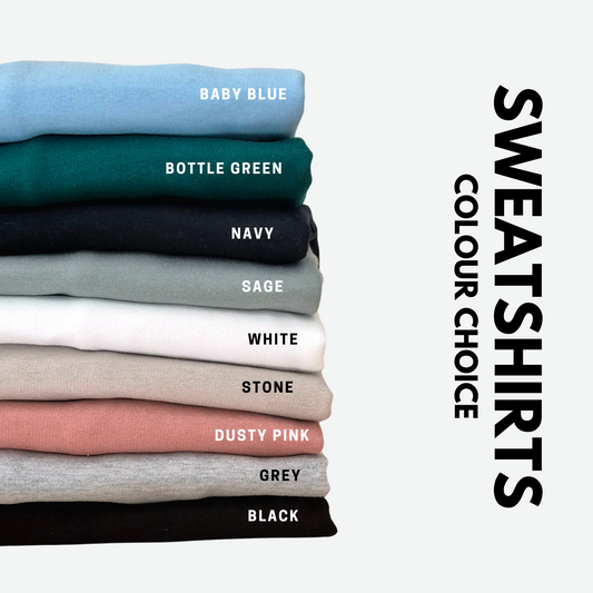 a photo showing different colours of sweatshirts available