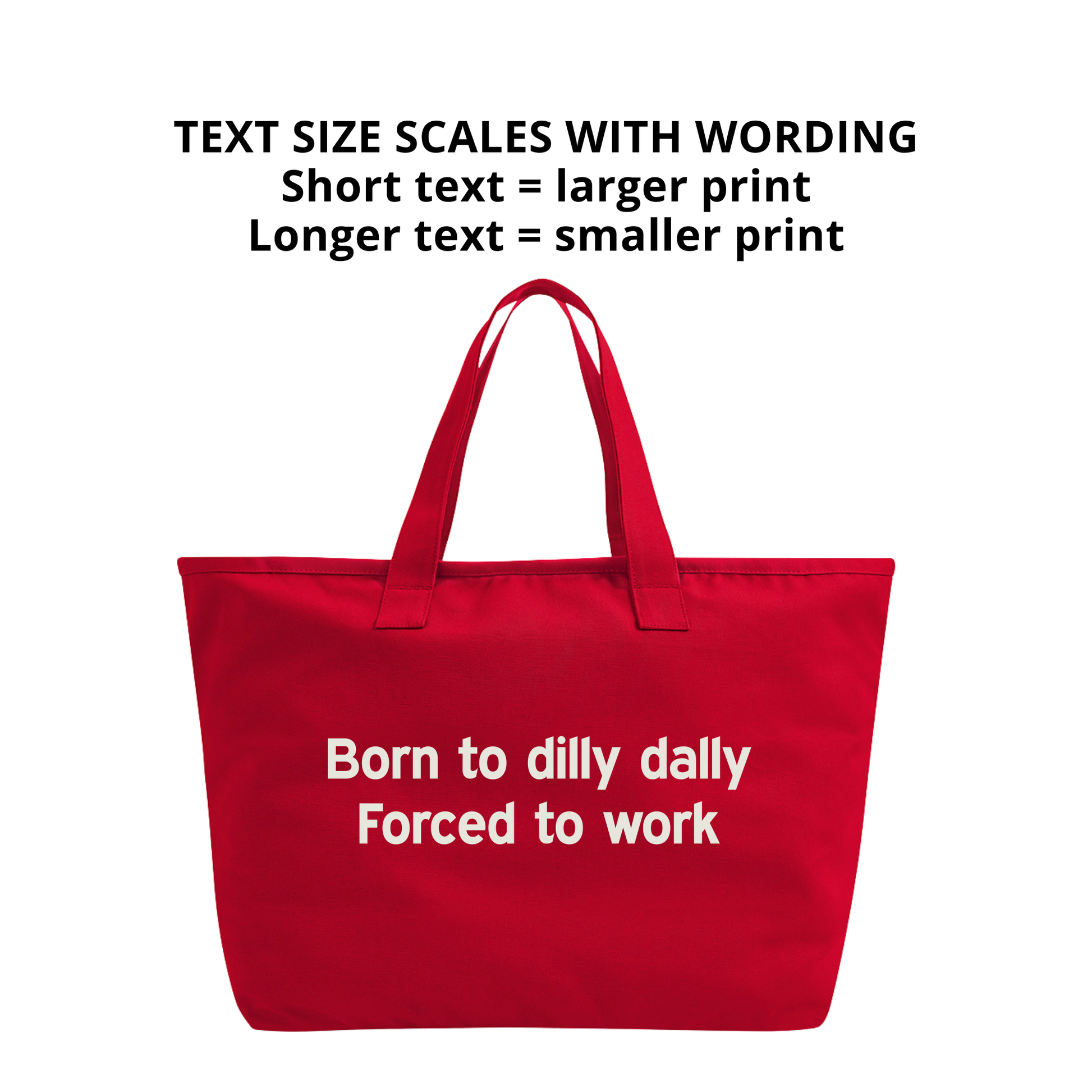 Red tote bag with white text on a white background