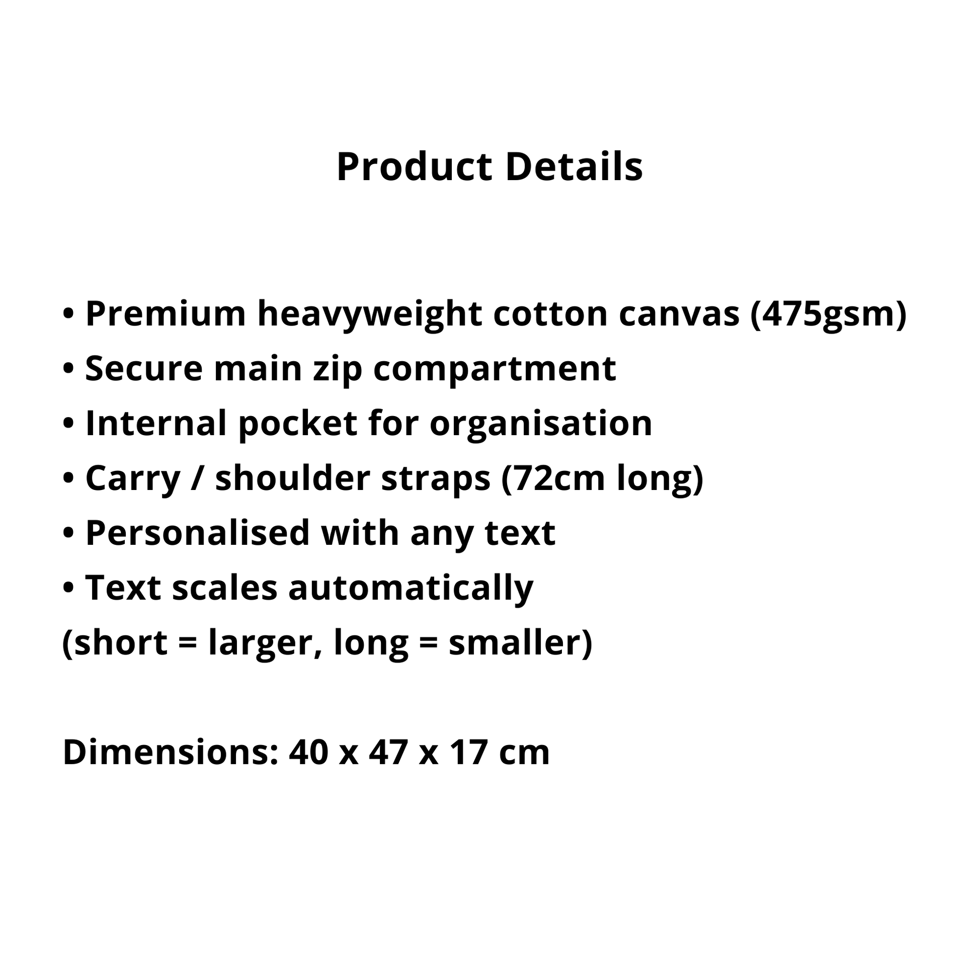 Product details of a bag on a white background