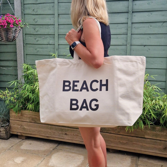 Oversized Canvas Heavy duty tote with a black text 'Beach Bag'