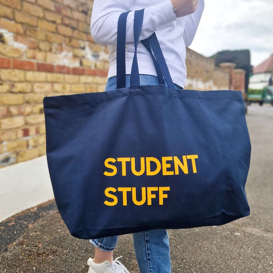 Custom text Oversized Tote Bag in navy with a yellow mustard text 'Student stuff'