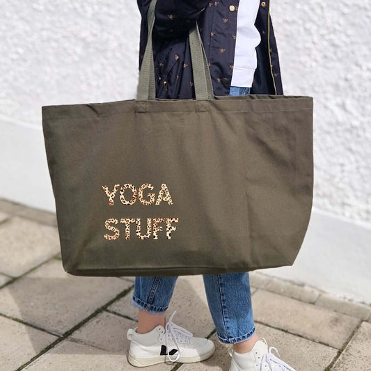 Personalised Oversized Tote Bag in olive green with a leopard text 'Yoga Stuff'