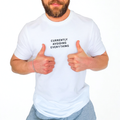 Person wearing a white t-shirt with text 'Currently Avoiding Everything' and giving a thumbs-up gesture.