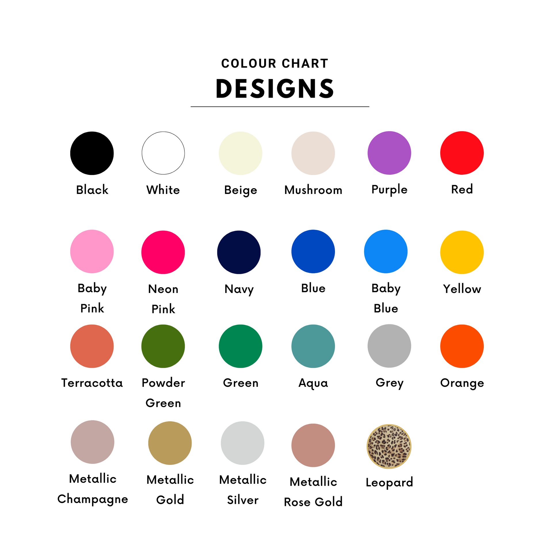 Color chart with various color swatches labeled from top to bottom, left to right.