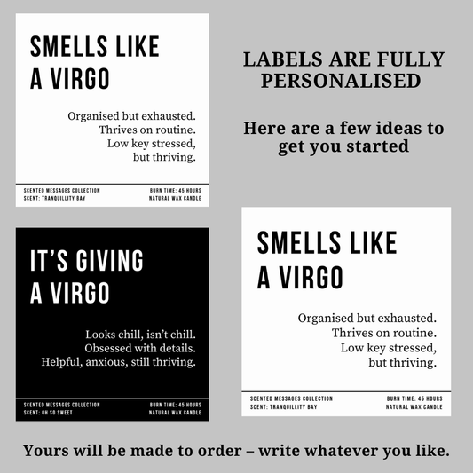 Promotional text for scented candles with personalized labels on a gray background