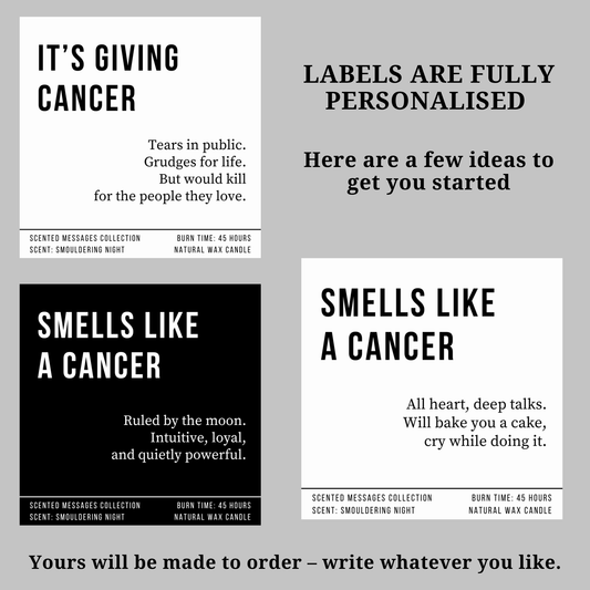 a few examples of how customers can personalise the text on the candle