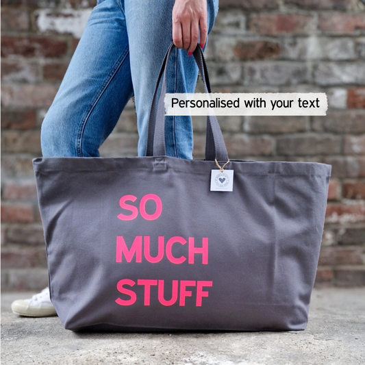 a shot of the tote showing that all text on the bag can be personalised