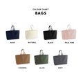 Colour chart for bags with various colour options on a white background. Navy, Natural, Black, Pale Pink, Caramel, Olive, Grey