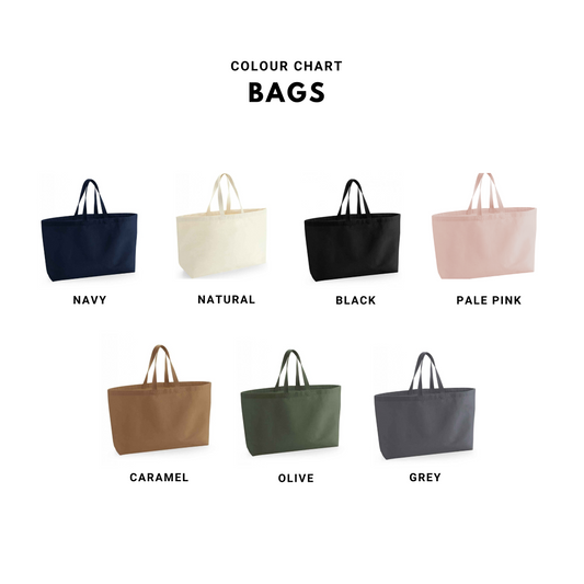 Colour chart for bags with various colour options on a white background. Navy, Natural, Black, Pale Pink, Caramel, Olive, Grey