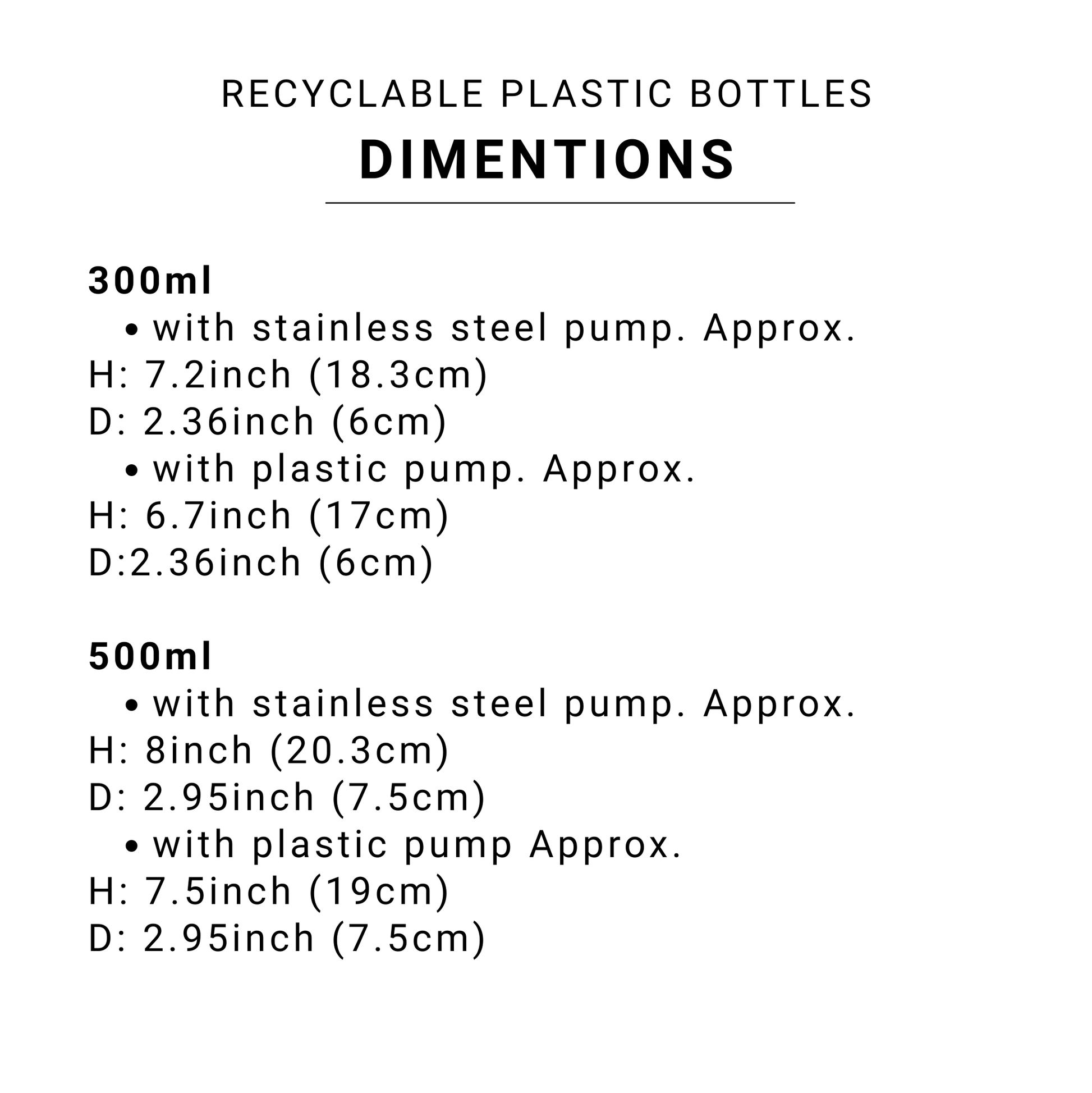 Dimensions of recyclable plastic bottles with pump options on a white background