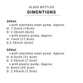 Dimensions of glass bottles with pump options on a white background