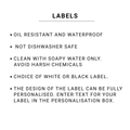 List of label specifications on a white background