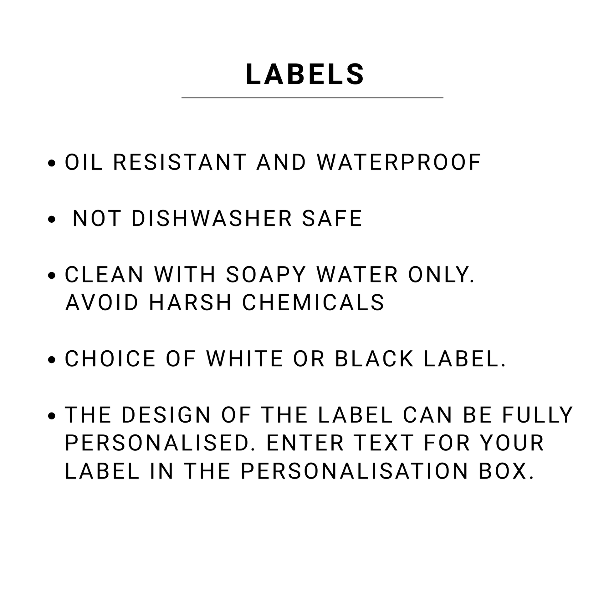 List of label specifications on a white background