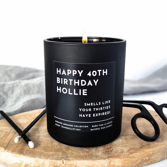 Personalised 40th birthday candle with name in matte black jar