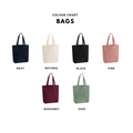 A product color chart titled 'COLOUR CHART BAGS' showing six tote bag color options arranged in two rows on a white background: navy, natural beige, black, pink, burgundy, and sage green, each labeled with its name underneath.