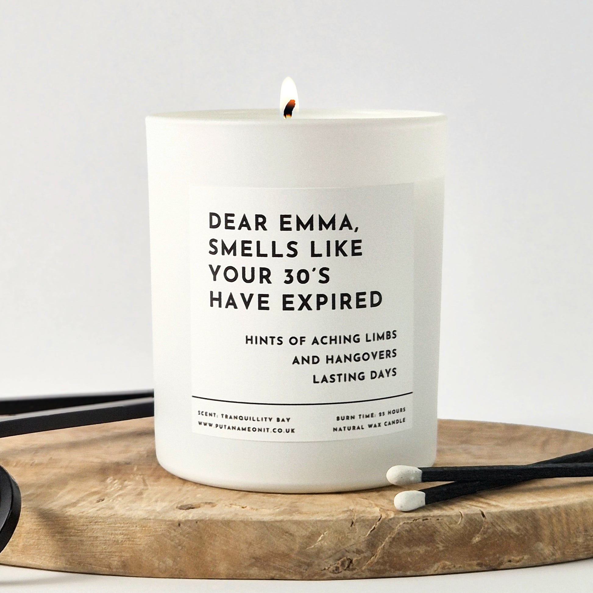 Personalised 40th birthday candle with custom message in a matte white jar, hand poured using natural wax