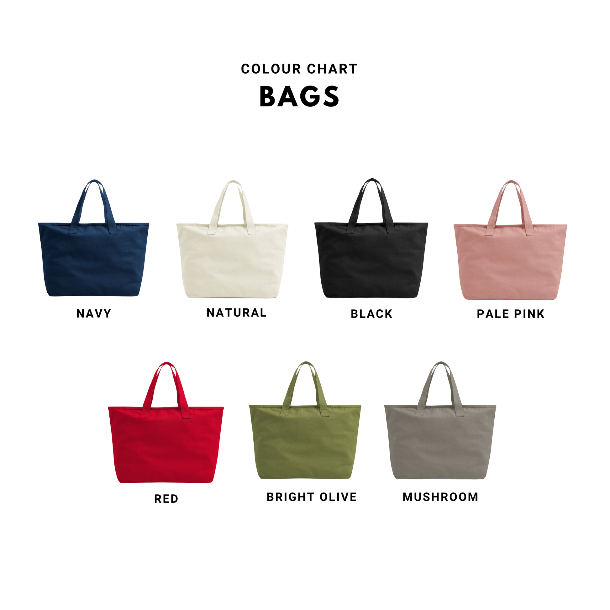 Color chart for bags with various color options on a white background